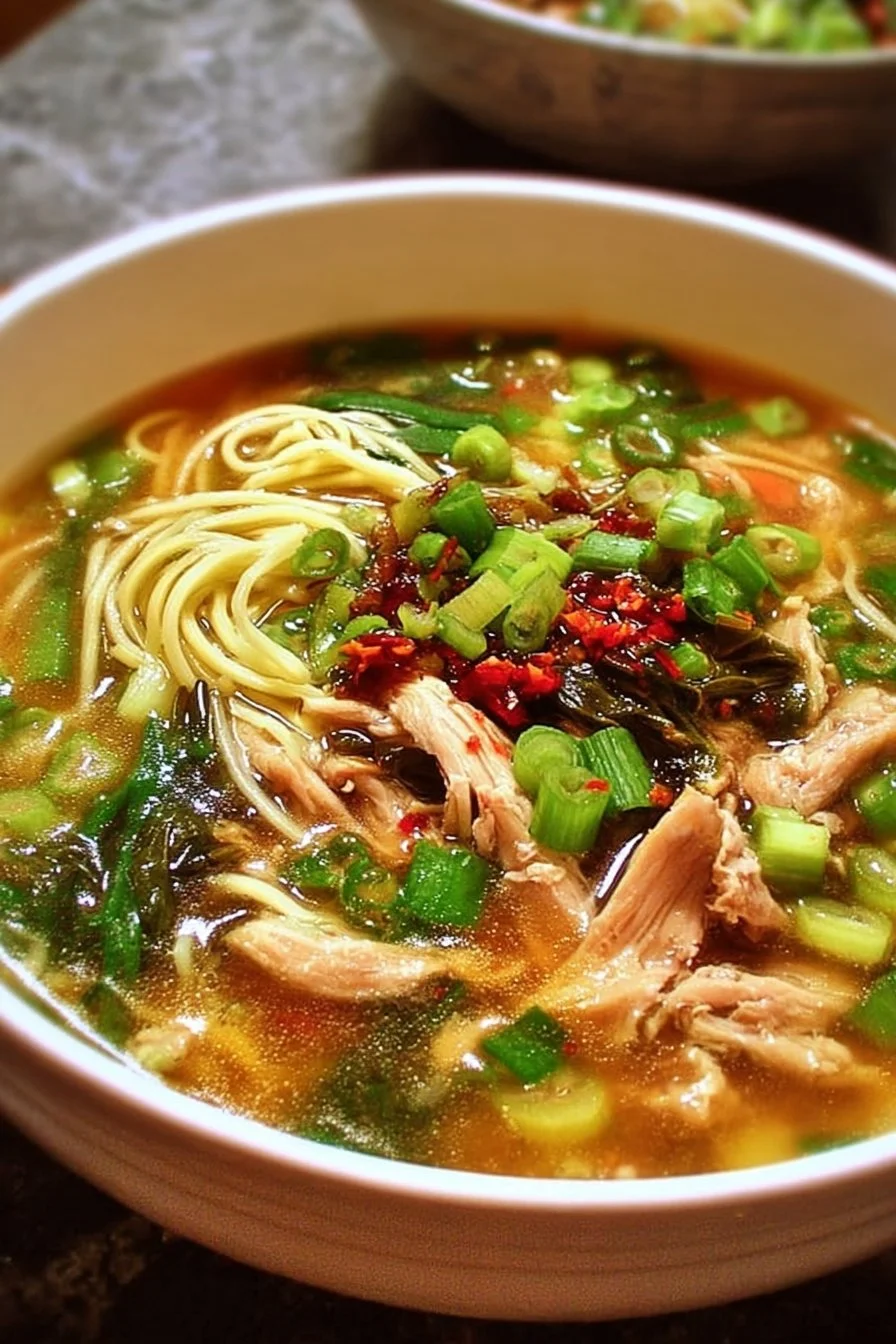 A bowl of ginger garlic chicken noodle soup garnished with herbs