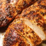 Juicy baked chicken breast garnished with herbs on a plate