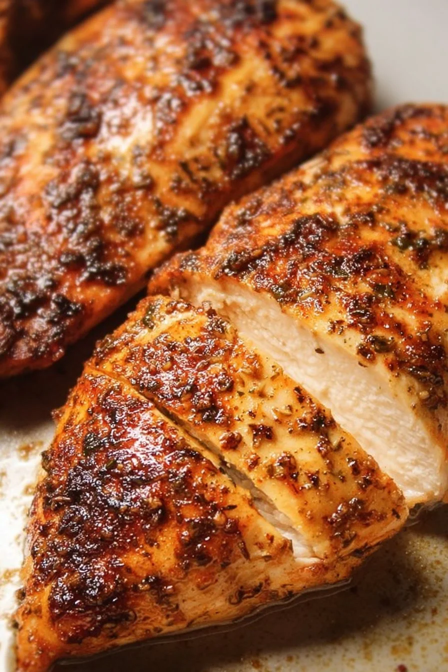 Juicy baked chicken breast garnished with herbs on a plate