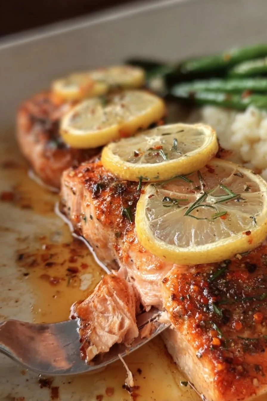 Baked lemon garlic butter salmon served with fresh herbs and lemon slices