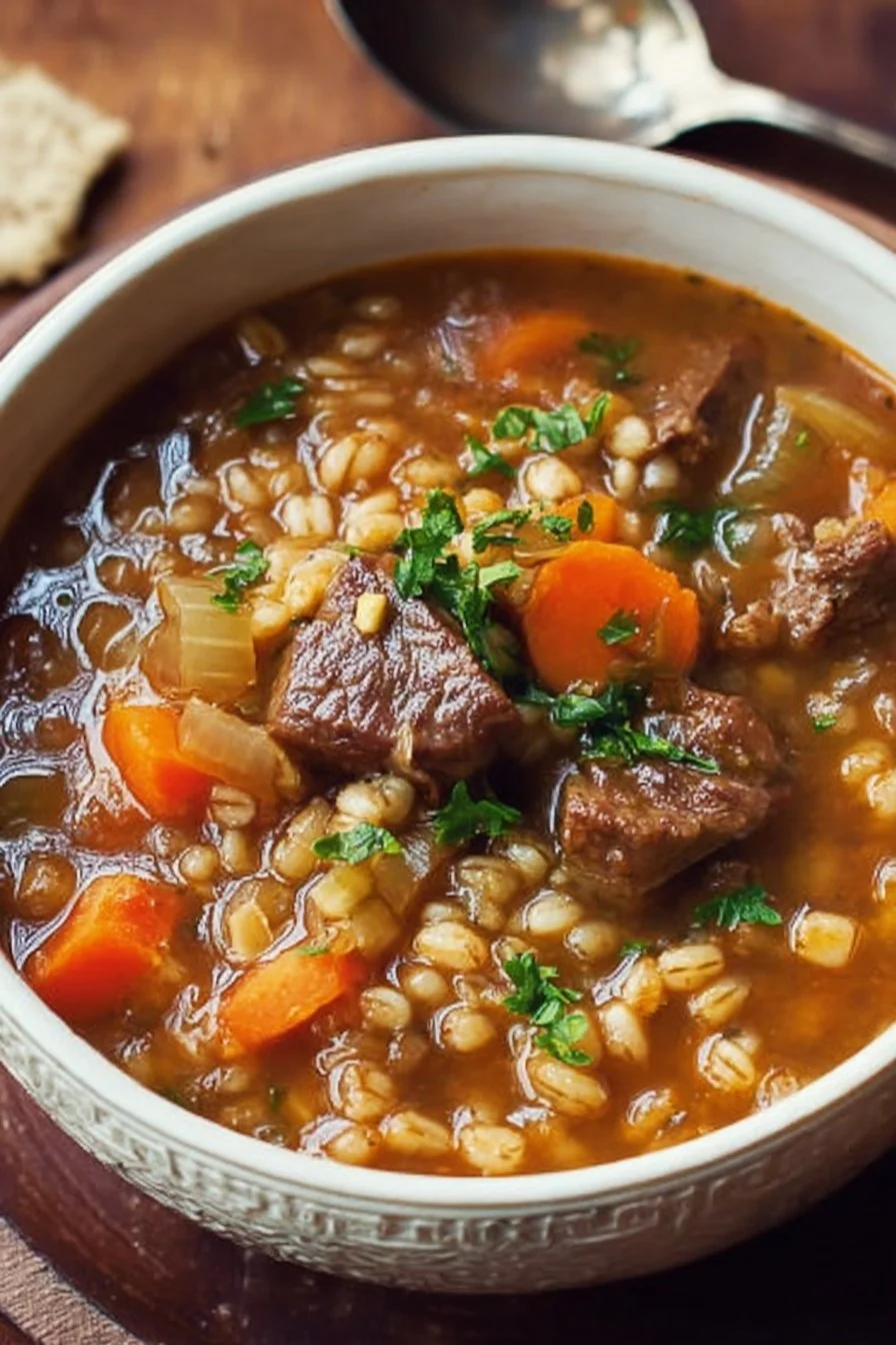 Bowl of delicious beef barley soup with vegetables and herbs