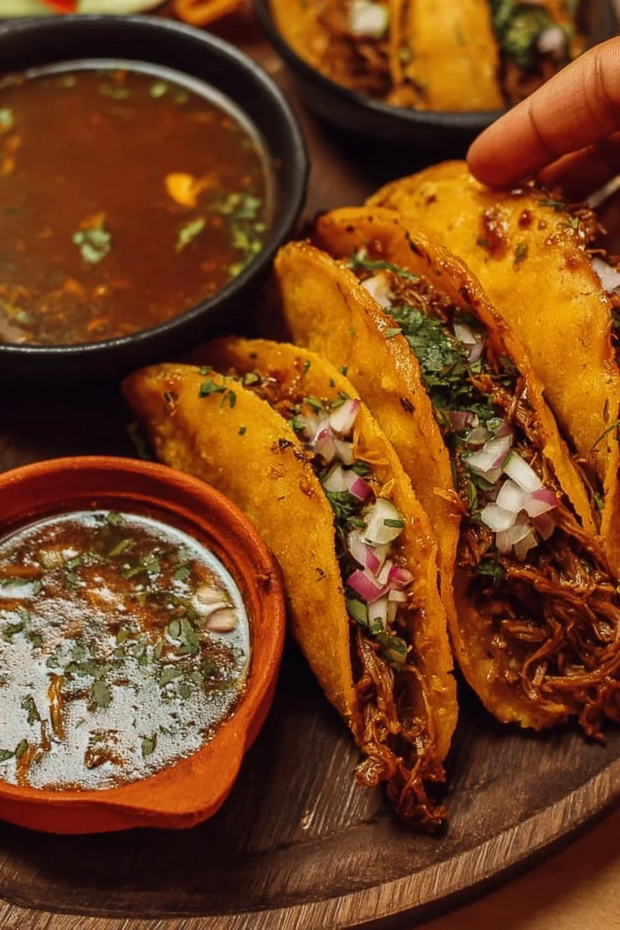 Delicious Birria Tacos served with consommé for dipping