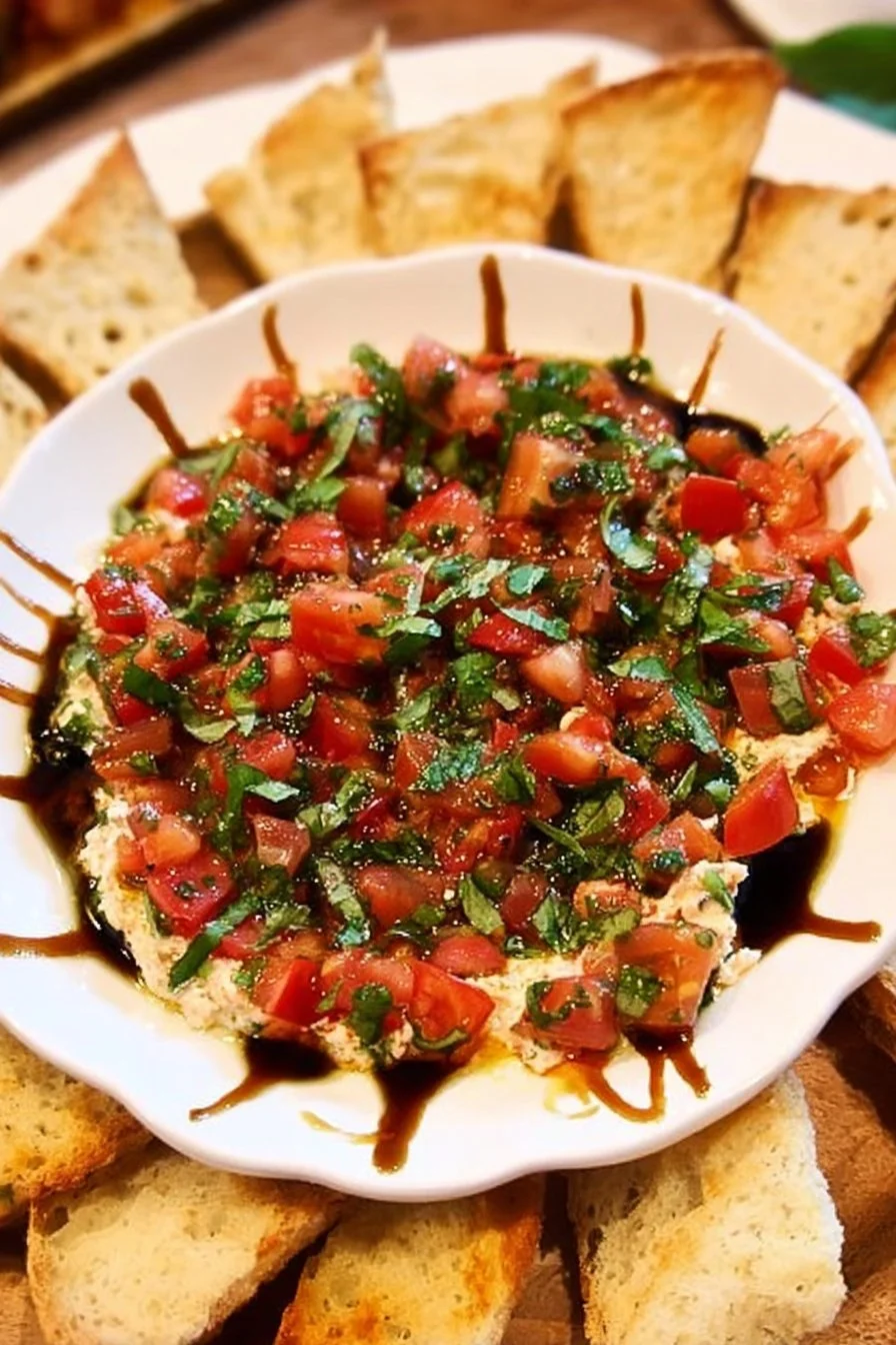 Delicious Bruschetta Dip served with toasted bread slices.
