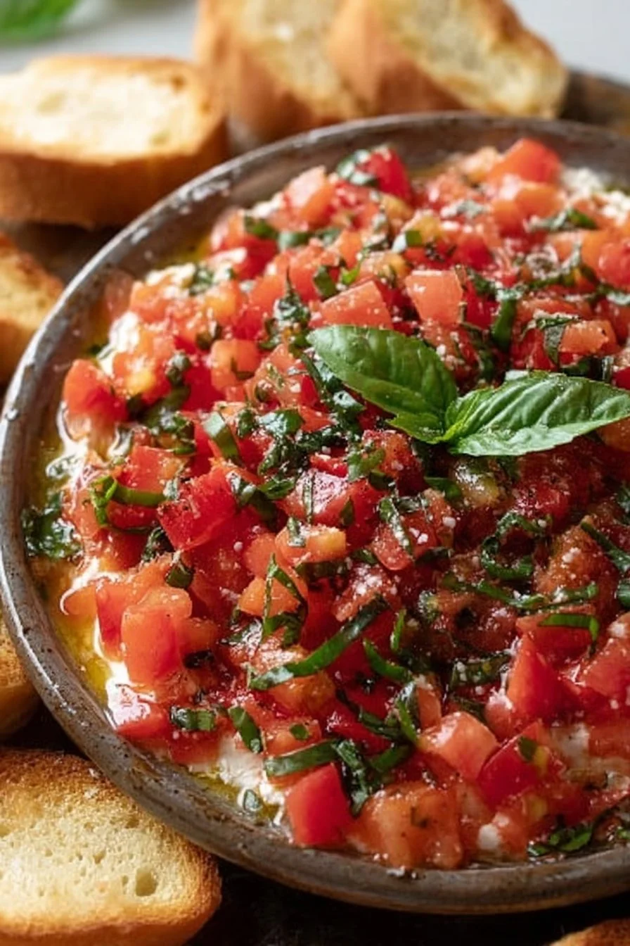 Vibrant bruschetta dip served with fresh bread for an appetizer