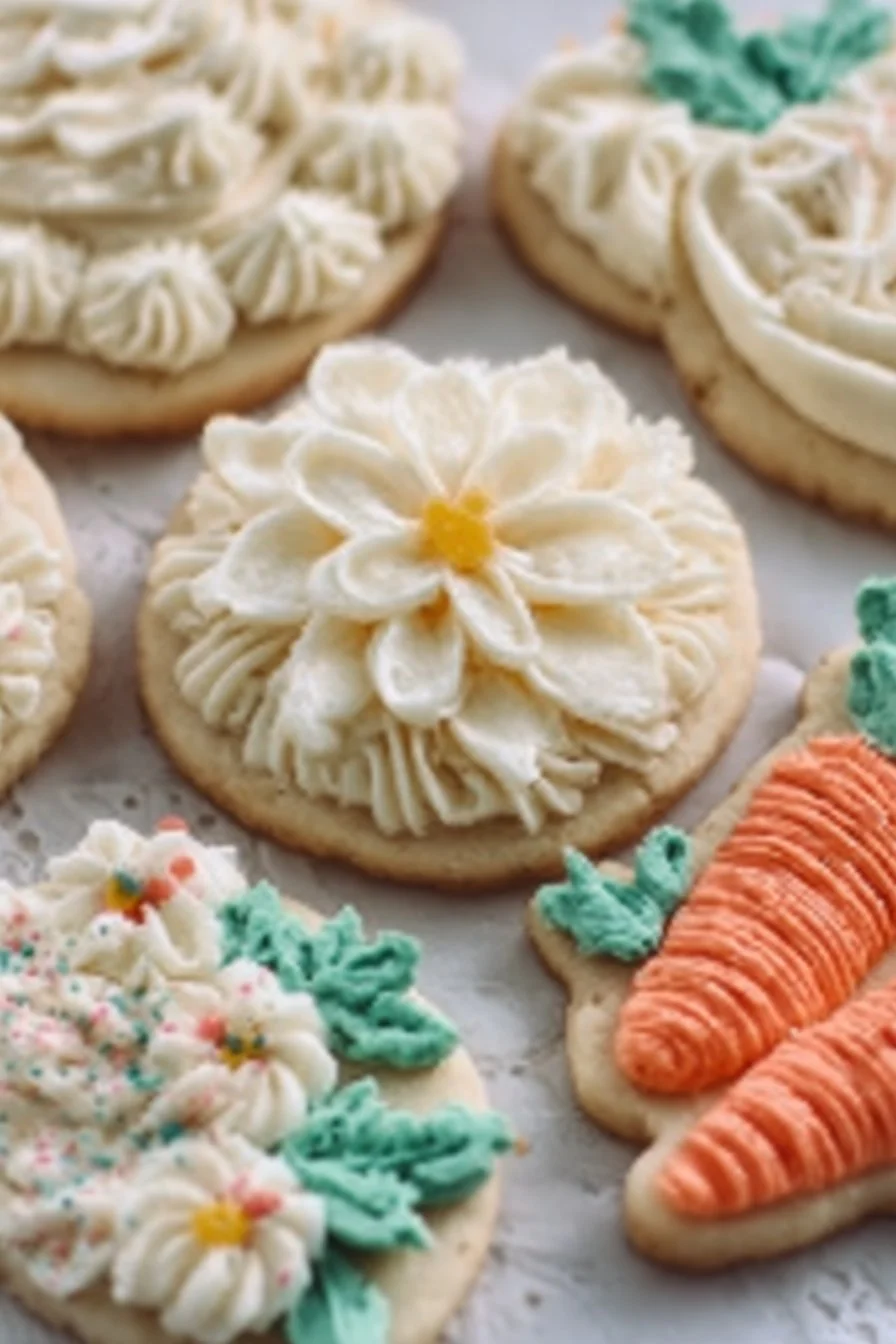 Plate of delicious buttercream sugar cookies decorated with colorful frosting