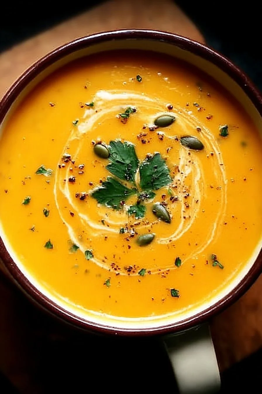 bowl of creamy butternut squash soup garnished with herbs