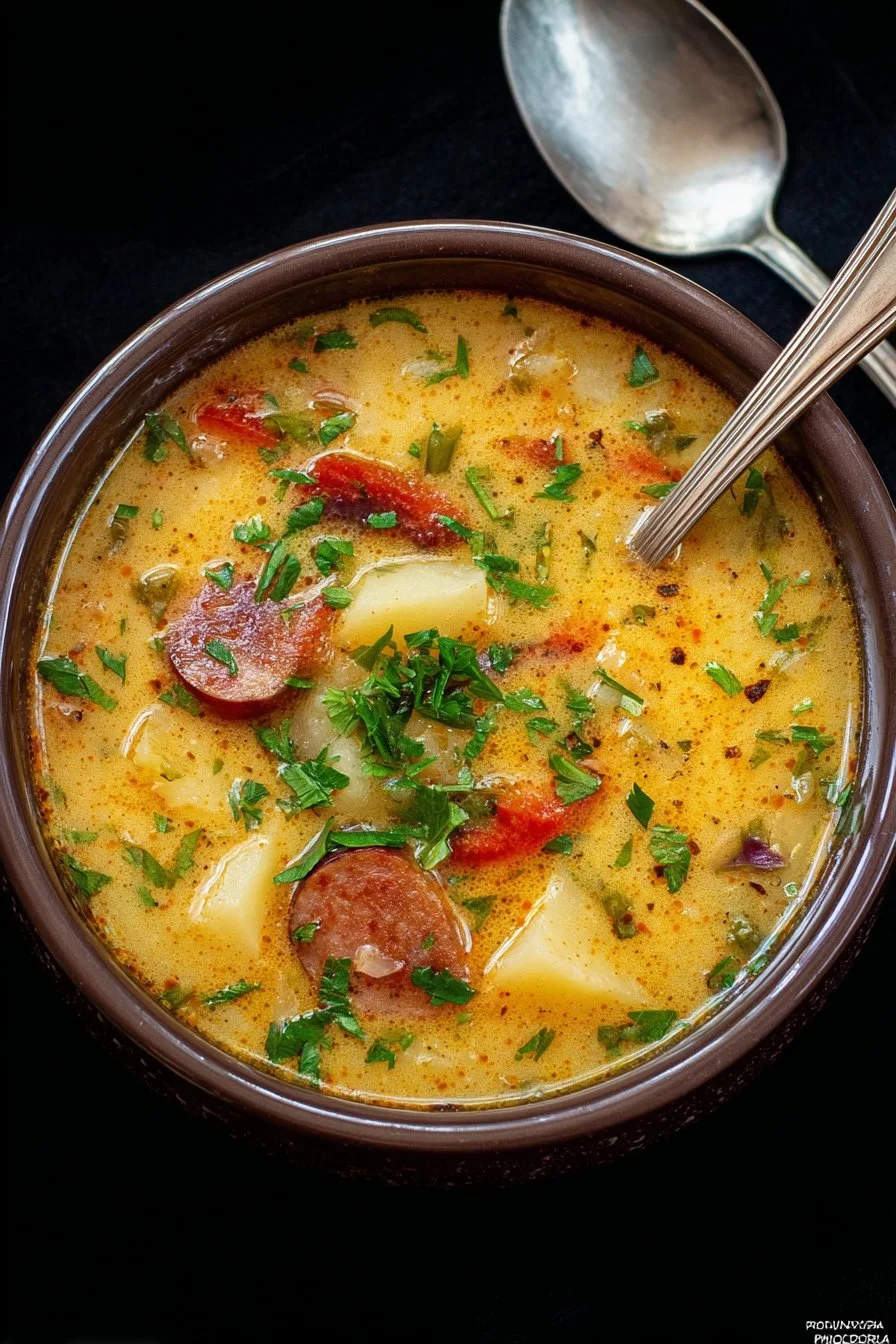 Bowl of Cajun Potato Soup topped with green onions and spices