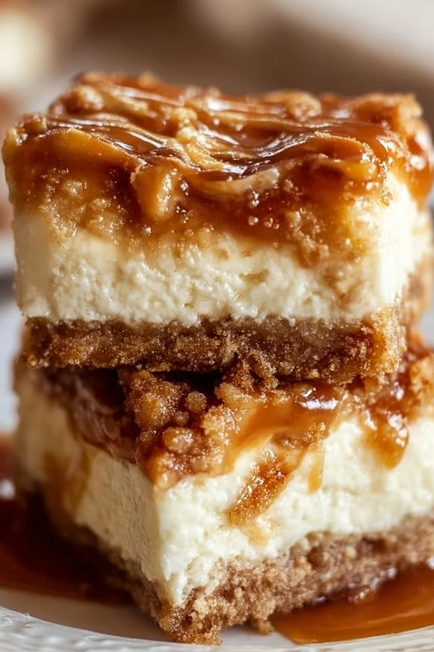 Delicious Caramel Apple Cheesecake Bars topped with caramel and apple slices.