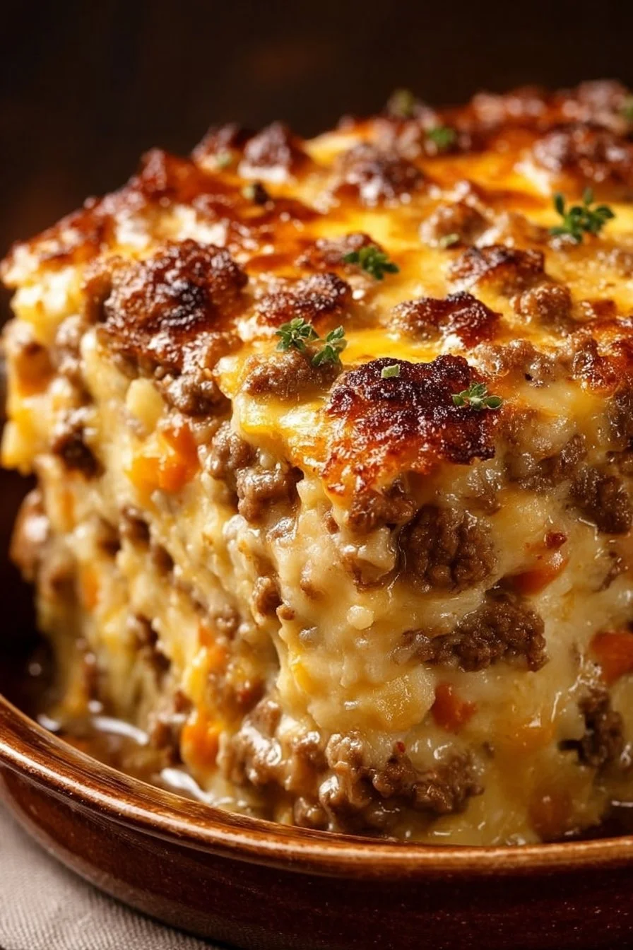 Delicious Cattle Drive Casserole served on a rustic table setting.