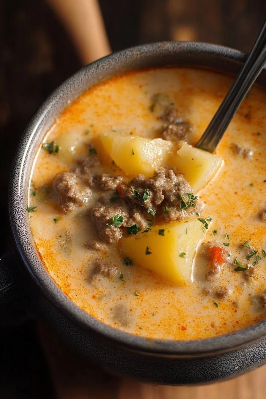 Delicious Cheesy Beef and Potato Soup in a bowl, garnished with herbs