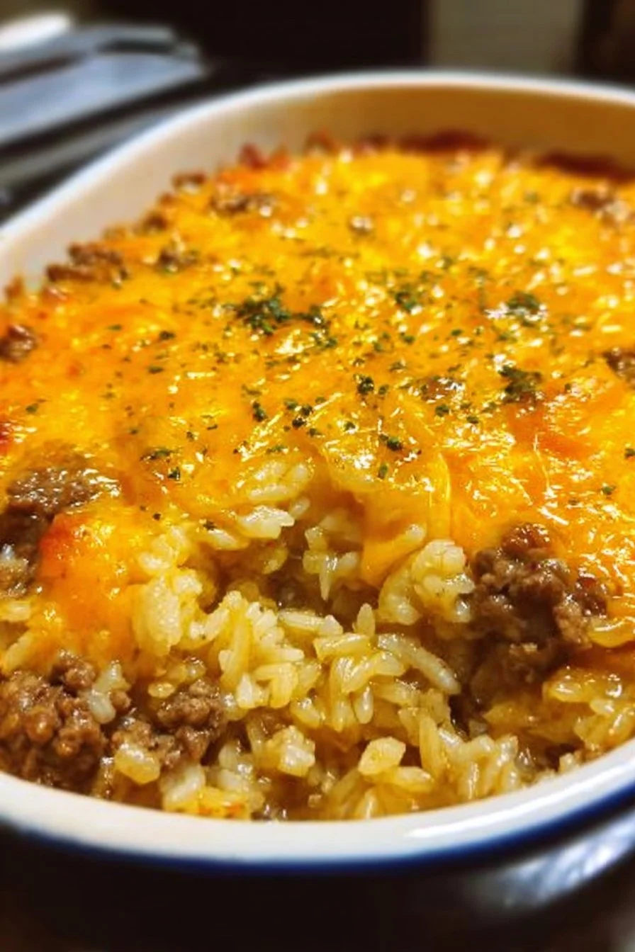 Cheesy Ground Beef Rice Casserole in a baking dish, garnished with herbs.