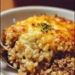 Cheesy Hamburger Rice Casserole in a baking dish, ready to serve.