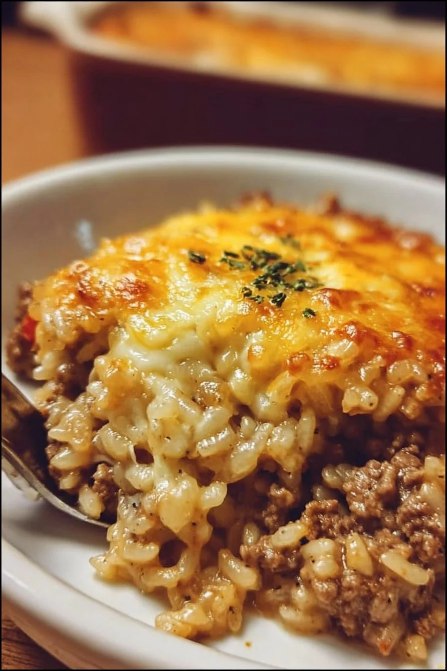 Cheesy Hamburger Rice Casserole in a baking dish, ready to serve.