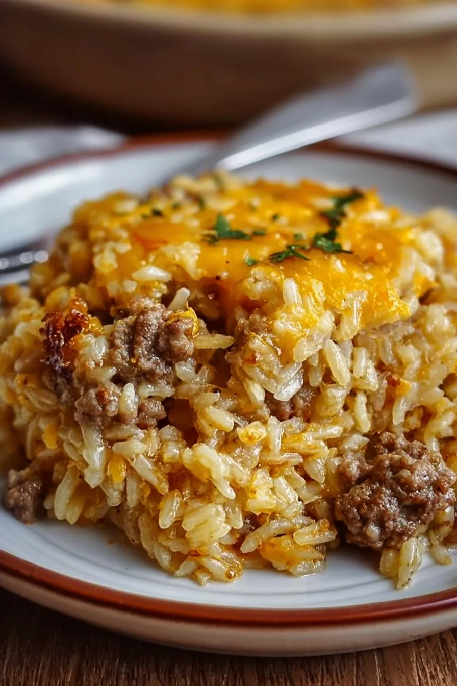 Cheesy Hamburger Rice Casserole served in a dish with melted cheese and herbs