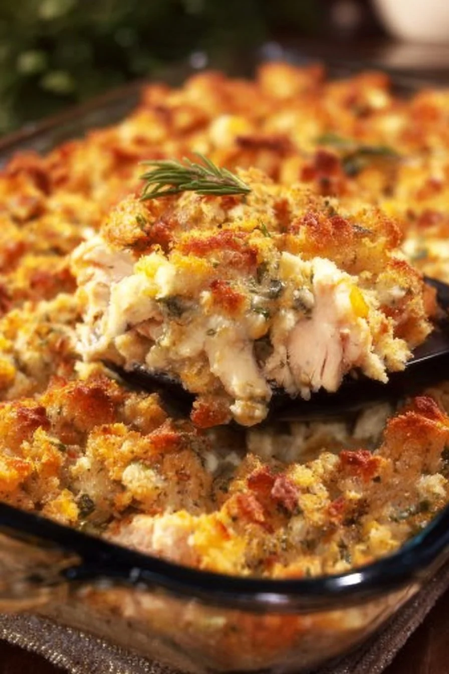 Delicious chicken and stuffing casserole baked to perfection