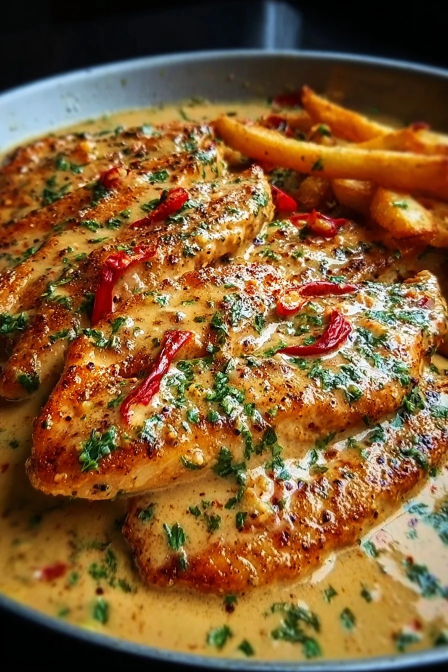 Chicken fillet in spicy creamy garlic-Parmesan sauce served on a plate