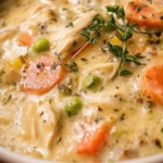 Bowl of Chicken Pot Pie Soup with vegetables and chicken, garnished with herbs