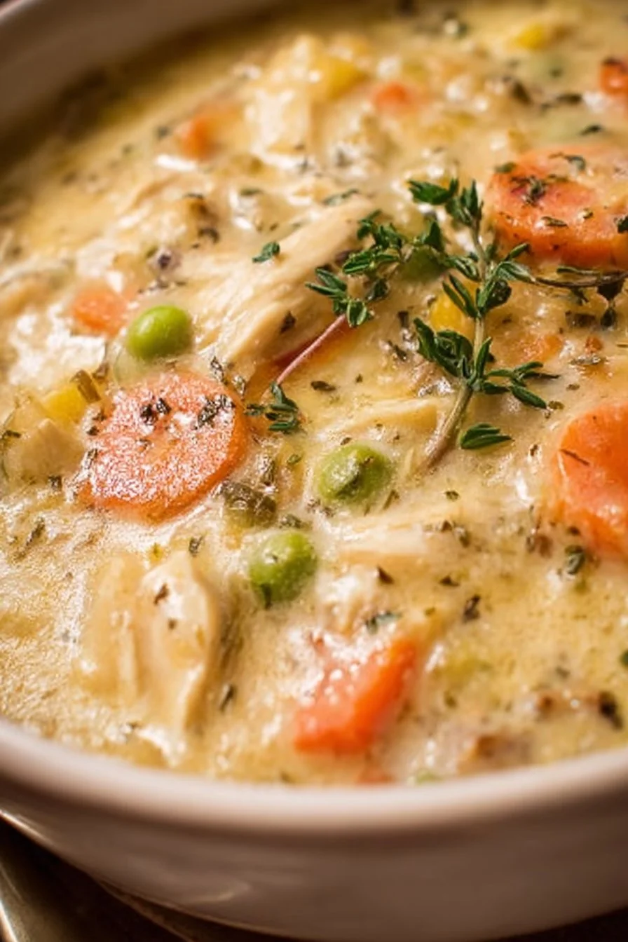 Bowl of Chicken Pot Pie Soup with vegetables and chicken, garnished with herbs