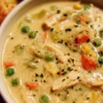 A bowl of delicious Chicken Pot Pie Soup garnished with herbs.
