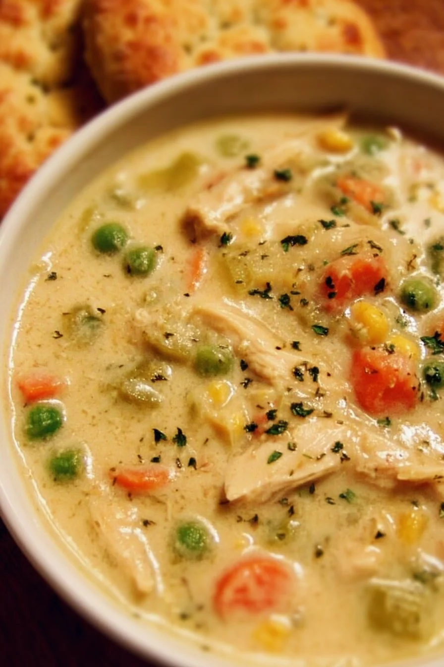 A bowl of delicious Chicken Pot Pie Soup garnished with herbs.
