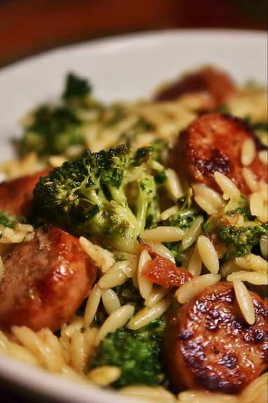 Plate of chicken sausage and broccoli orzo topped with herbs and spices.