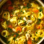 Bowl of homemade Chicken Tortellini Soup with vegetables and herbs