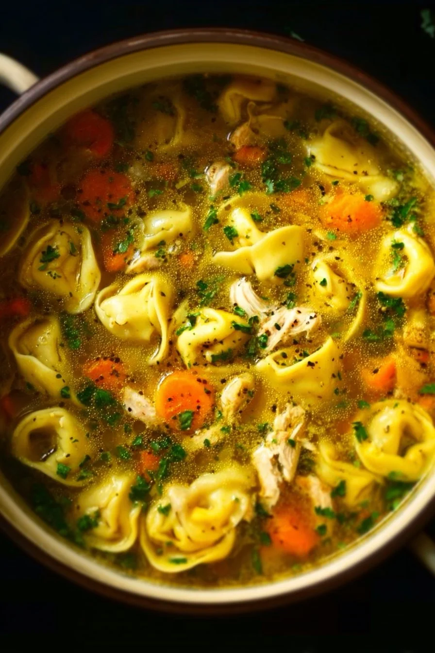Bowl of homemade Chicken Tortellini Soup with vegetables and herbs