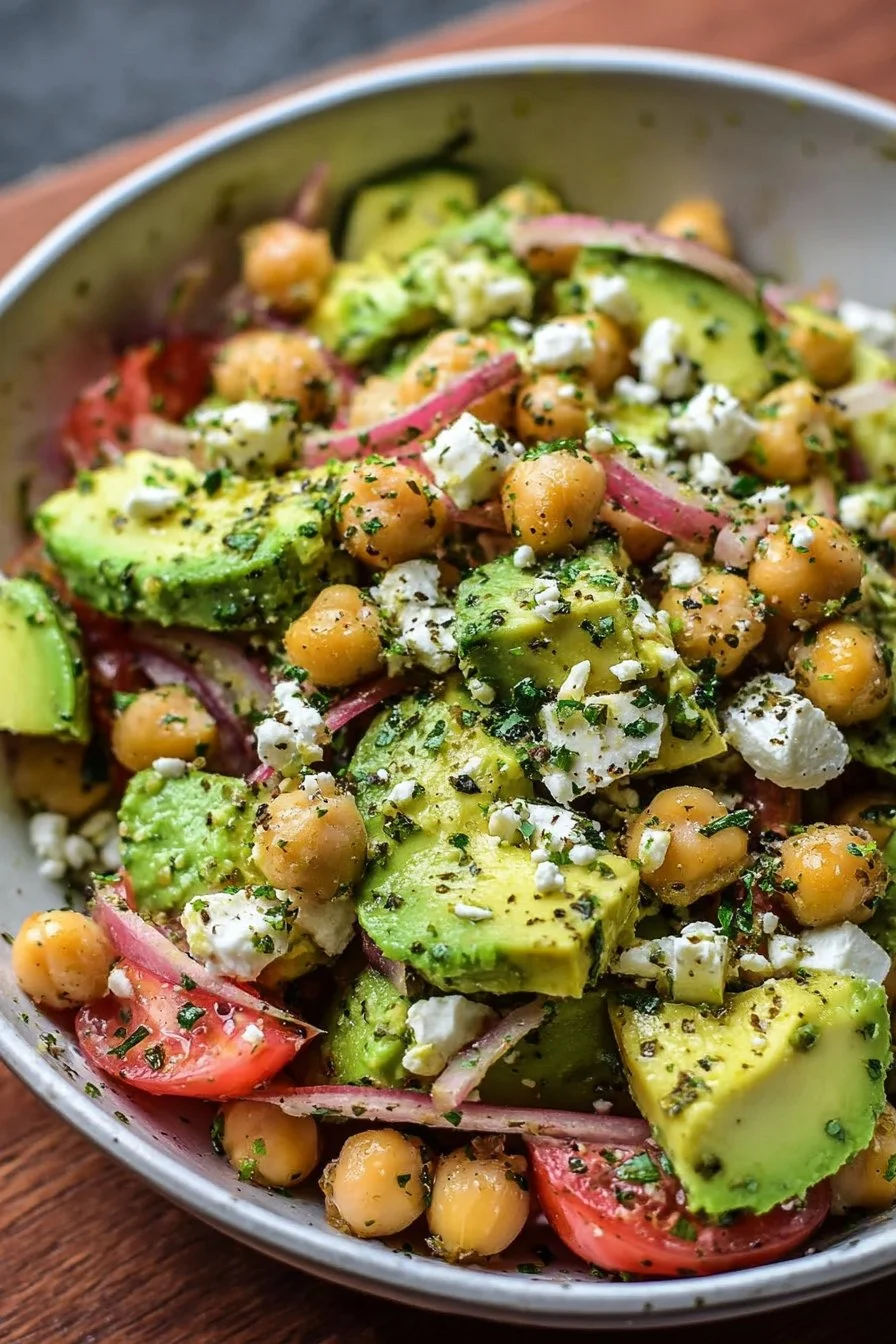 Chickpea Feta Avocado Salad with fresh vegetables and herbs in a bowl
