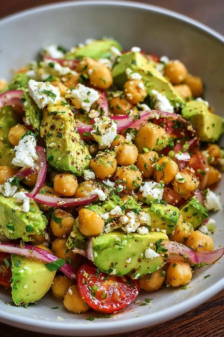 Colorful Chickpea Feta Avocado Salad with fresh vegetables