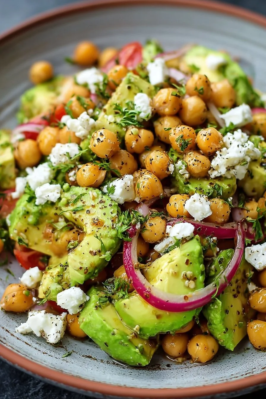 Chickpea Feta Avocado Salad with fresh ingredients in a bowl