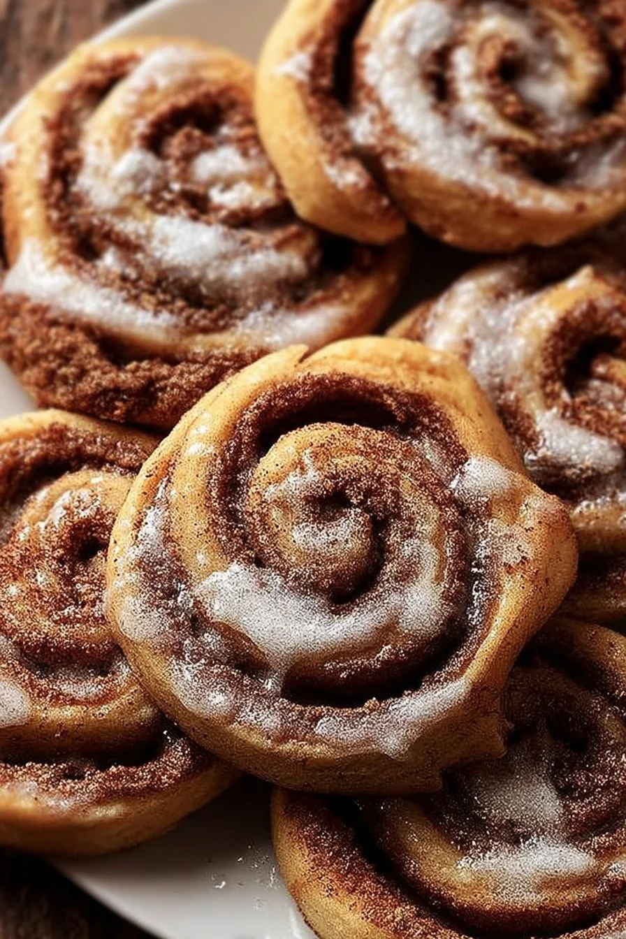 Delicious cinnamon roll cookies with icing and cinnamon swirl