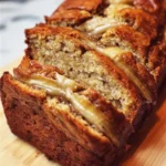 Classic banana bread loaf, freshly baked and sliced on a wooden board