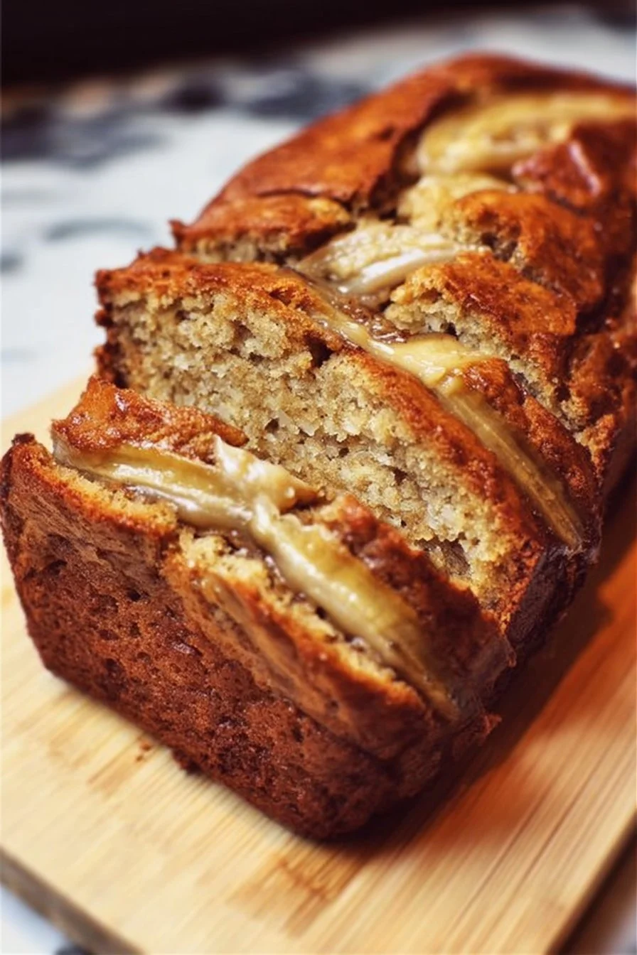 Classic banana bread loaf, freshly baked and sliced on a wooden board