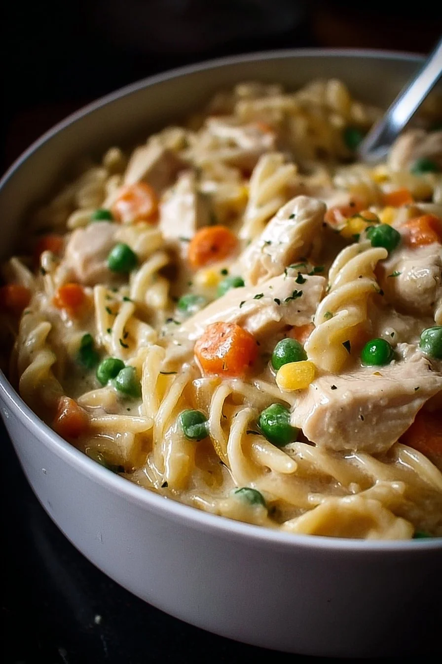 Bowl of Classic Chicken Pot Pie Pasta topped with fresh herbs