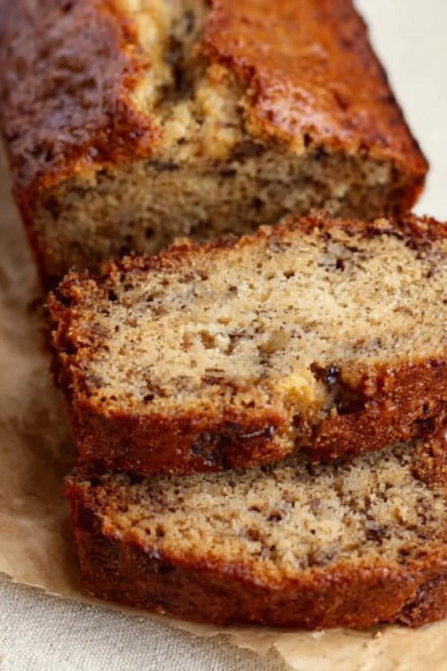 Delicious slice of homemade Copycat Starbucks banana bread on a wooden table