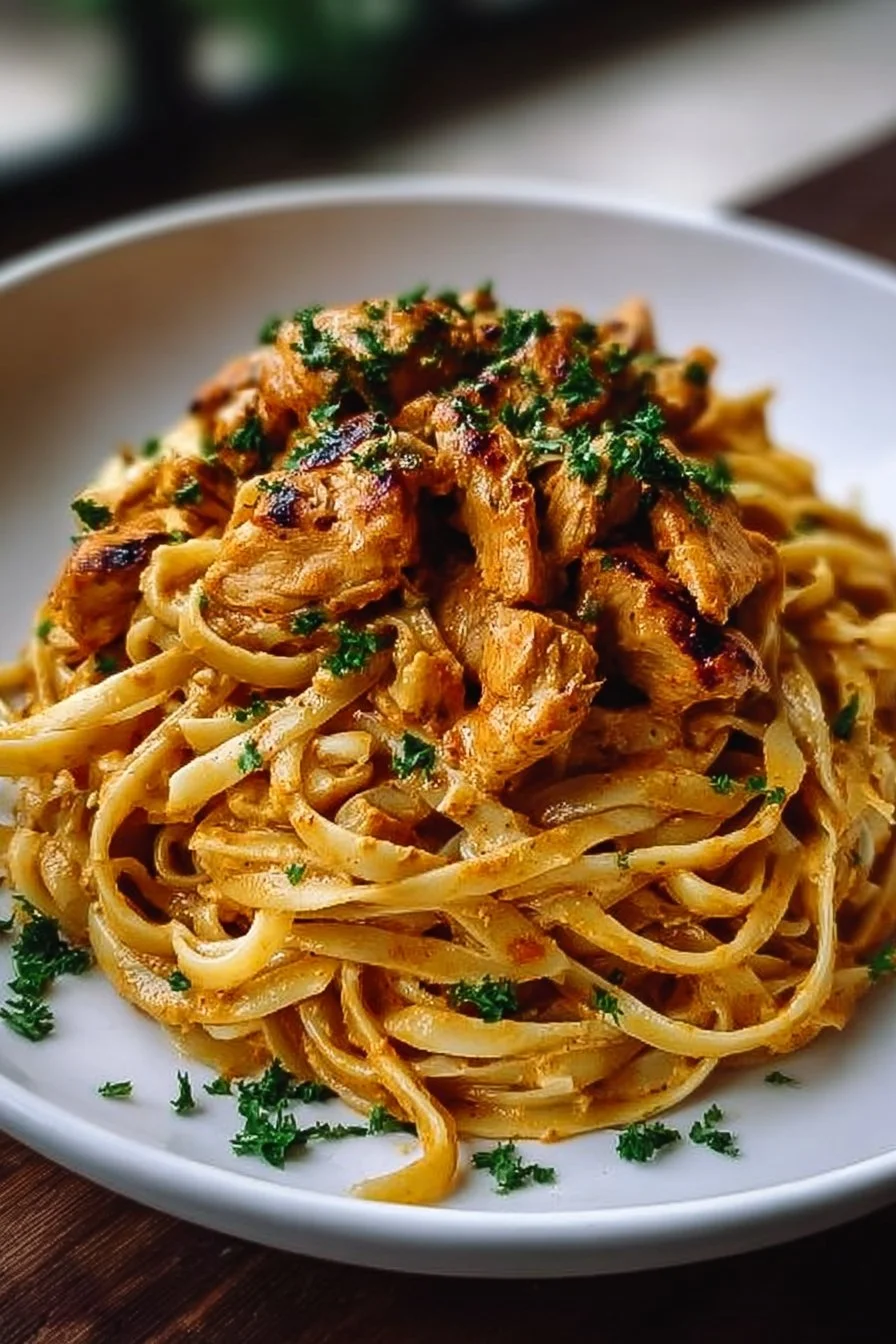 Delicious Cowboy Butter Chicken Linguine with creamy sauce and herbs