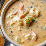 Delicious crab and shrimp seafood bisque served in a bowl