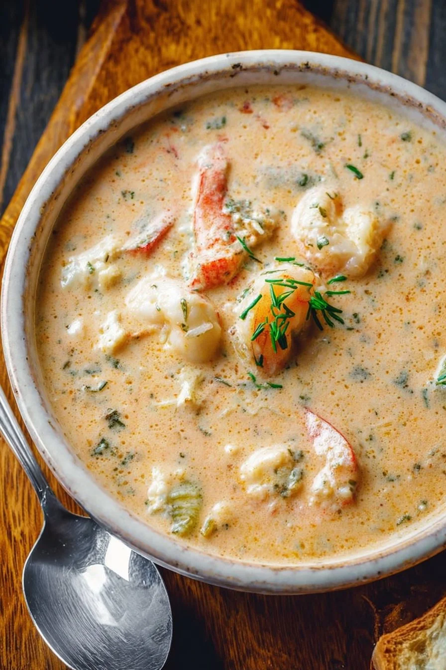 Delicious crab and shrimp seafood bisque served in a bowl