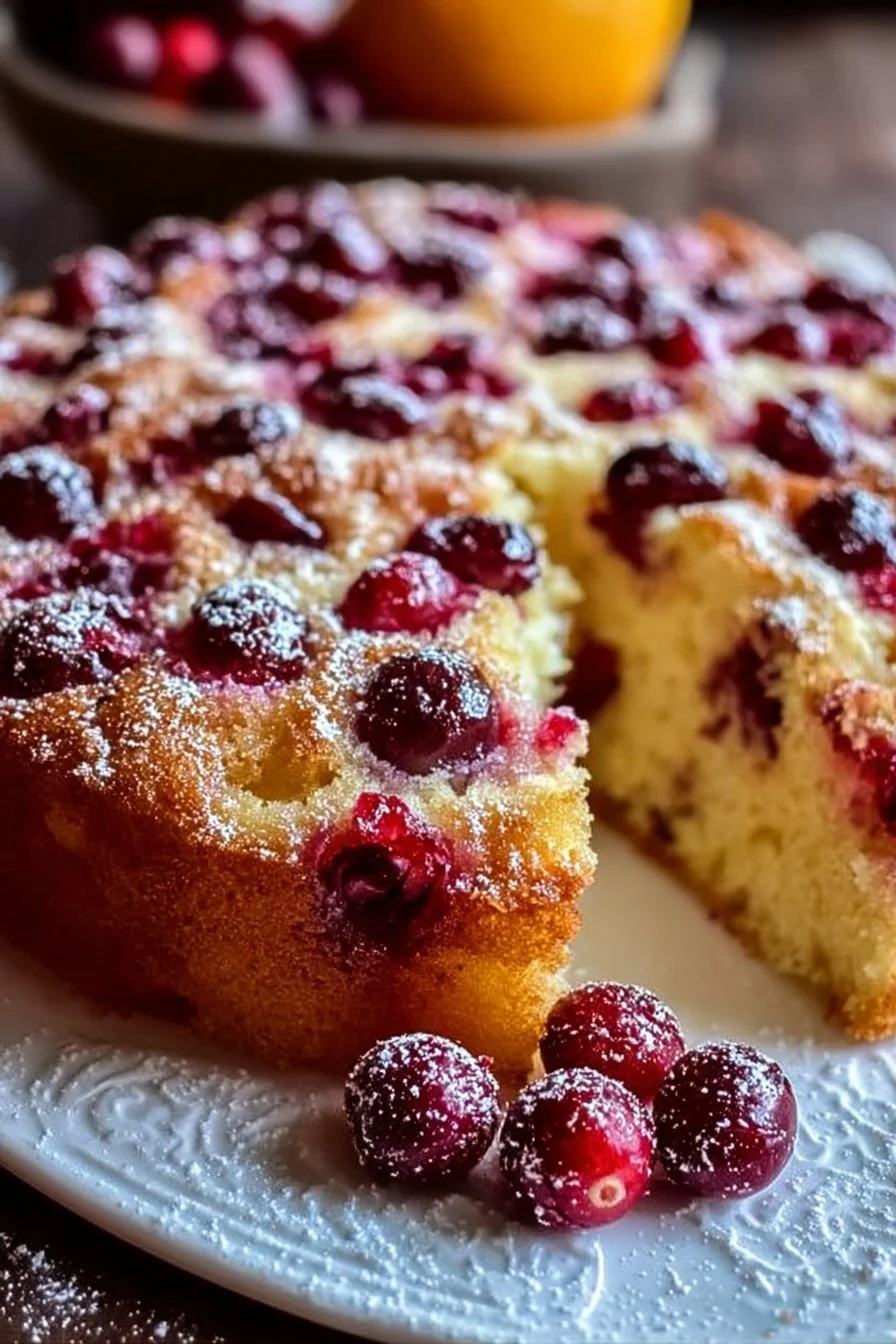 Cranberry Orange Breakfast Cake with a slice cut out, showcasing its moist texture