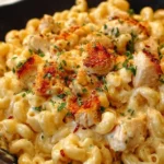 Creamy chicken mac and cheese topped with golden breadcrumbs