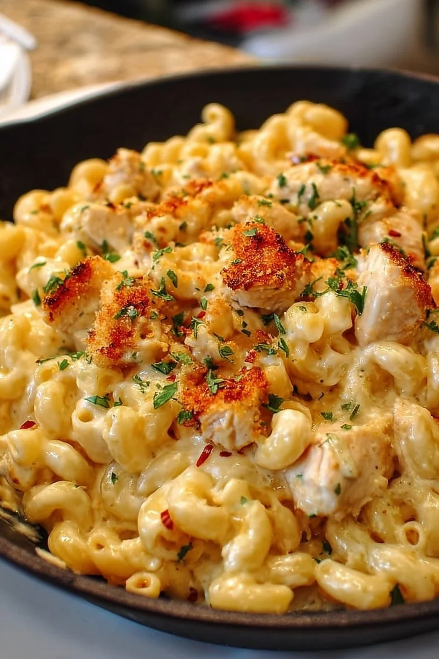 Creamy chicken mac and cheese topped with golden breadcrumbs