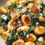 Creamy gnocchi with spinach and feta dish, garnished and ready to serve.