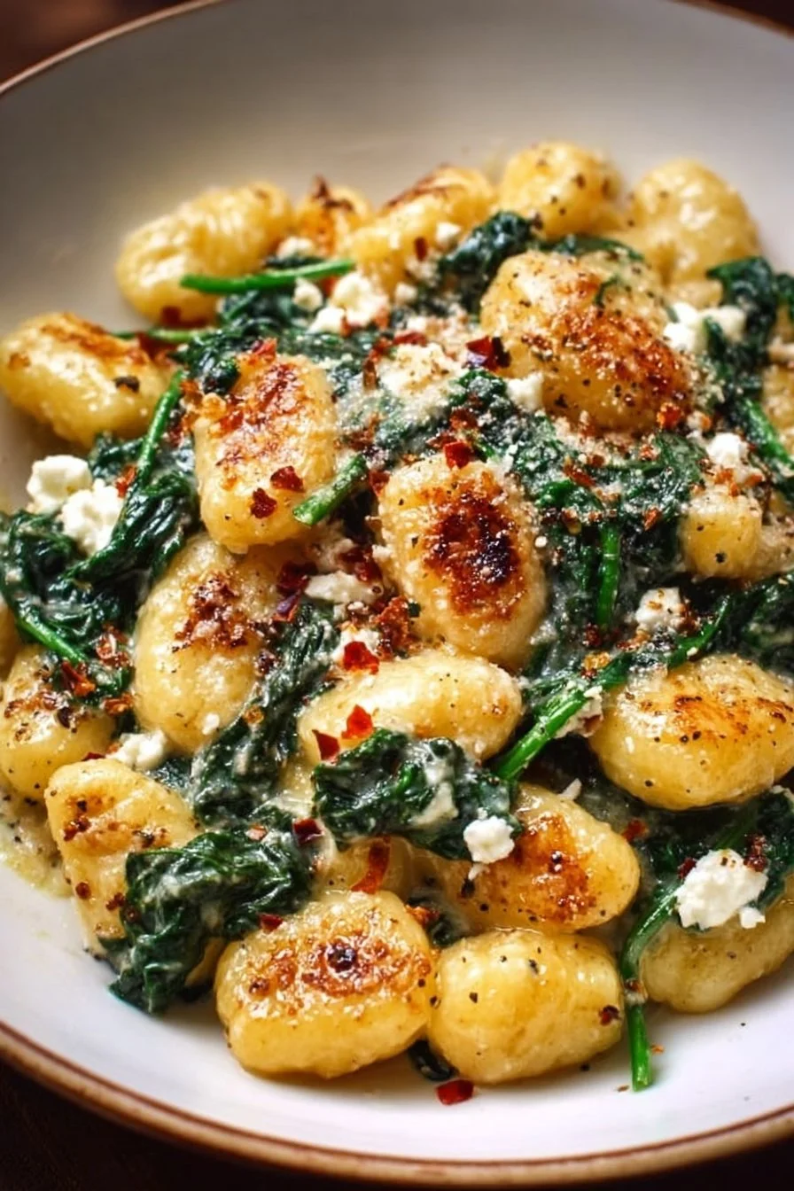 Creamy gnocchi with spinach and feta dish, garnished and ready to serve.