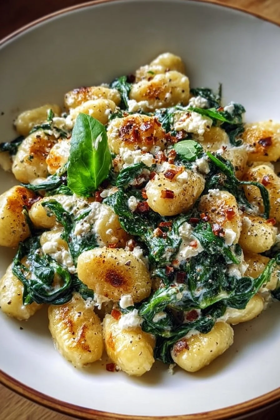Creamy gnocchi with spinach and feta in a bowl