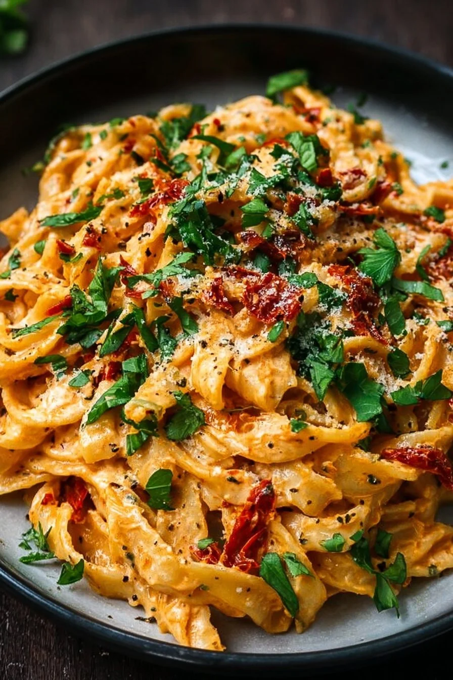Creamy vegan sun-dried tomato pasta served in a bowl with fresh herbs.