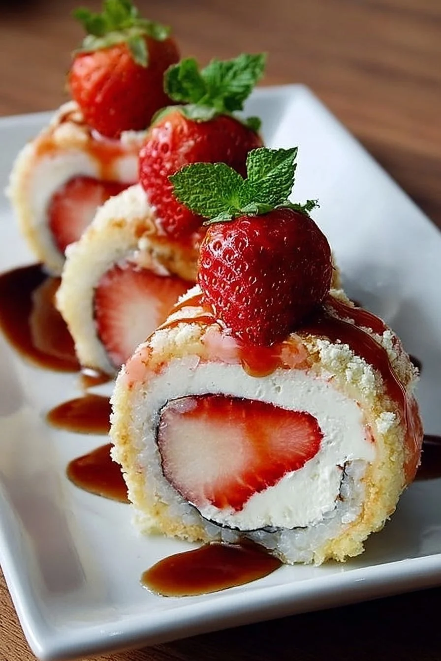 Strawberry shortcake sushi roll dessert featuring fresh strawberries and whipped cream.