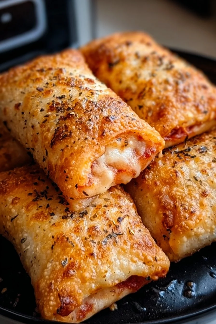 Crispy air fryer pizza rolls served in a bowl.