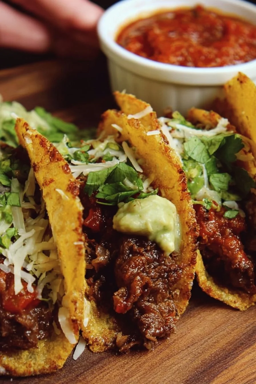 Plate of crispy beef tacos with toppings and garnishes