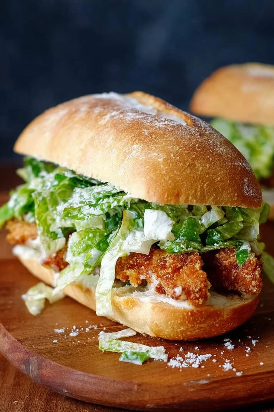 Crispy Chicken Caesar Sandwich with lettuce and Caesar dressing on a toasted bun