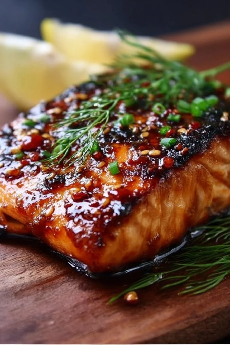 Plate of crispy honey garlic glazed salmon garnished with herbs